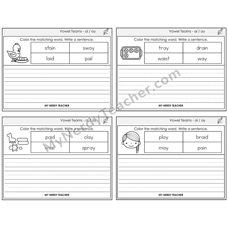 Long A Vowel Teams (ai, ay) Color and Write a Sentence Task Cards — Decodable Sentences