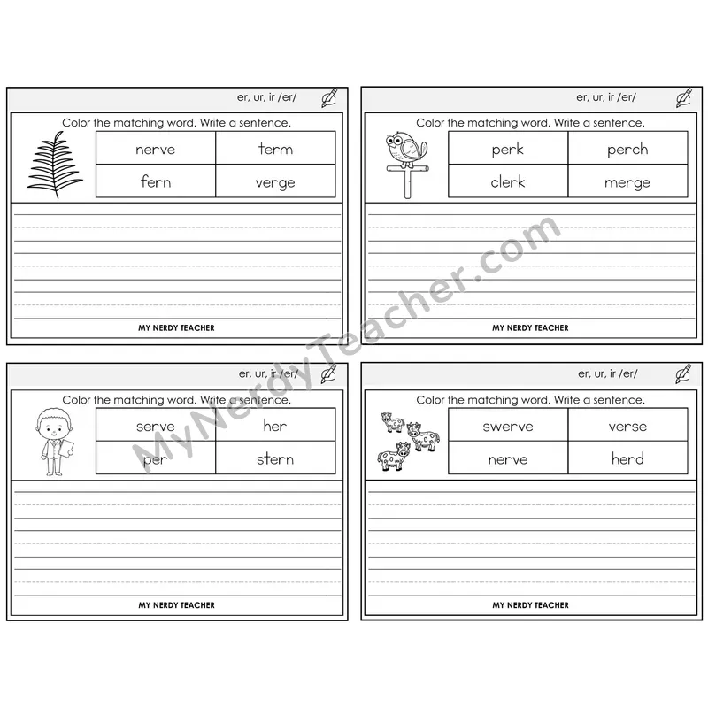 R-Controlled ER, UR, IR Color and Write a Sentence Task Cards — Decodable Sentences