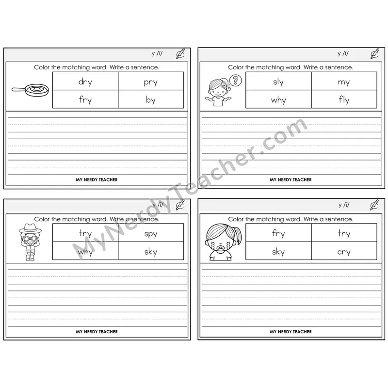 Y as Long I Color and Write a Sentence Task Cards — Decodable Sentences