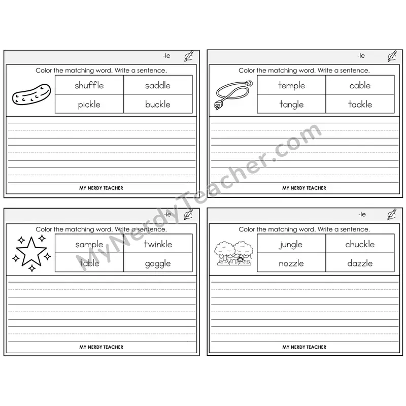 Consonant -le Color and Write a Sentence Task Cards — Decodable Sentences