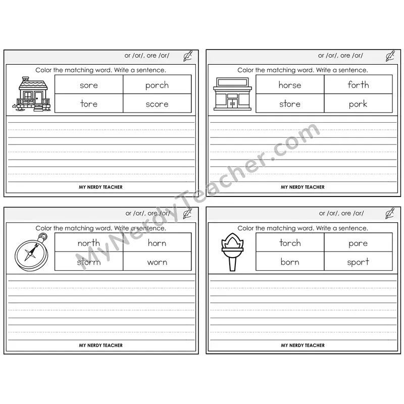 R-Controlled OR and ORE Color and Write a Sentence Task Cards — Decodable Sentences