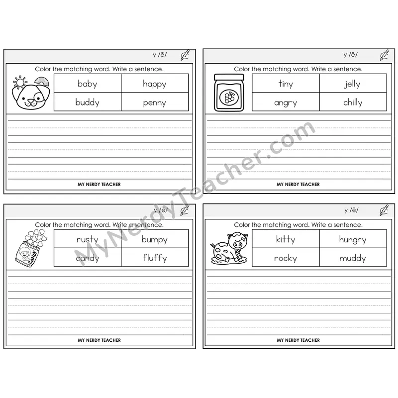 Y as Long E Color and Write a Sentence Task Cards — Decodable Sentences