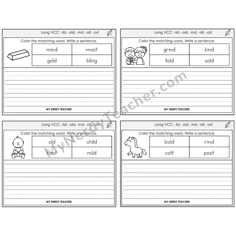 Long VCC Patterns Color and Write a Sentence Task Cards — Decodable Sentences