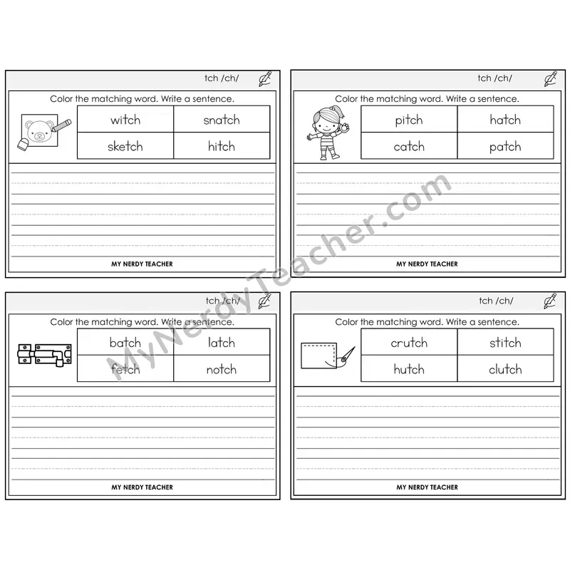 TCH Trigraph Color and Write a Sentence Task Cards — Decodable Sentences