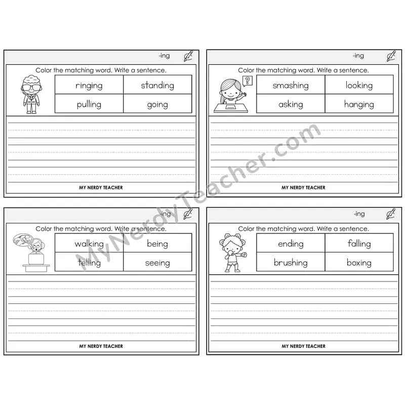 Suffix -ing Color and Write a Sentence Task Cards — Decodable Sentences