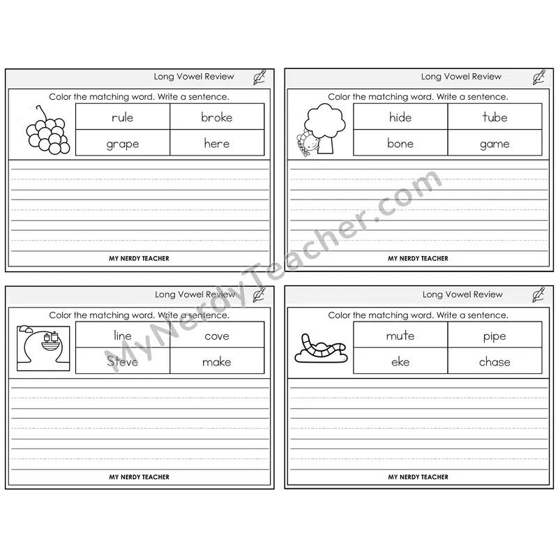 Long Vowels Review Color and Write a Sentence Task Cards — Decodable Sentences