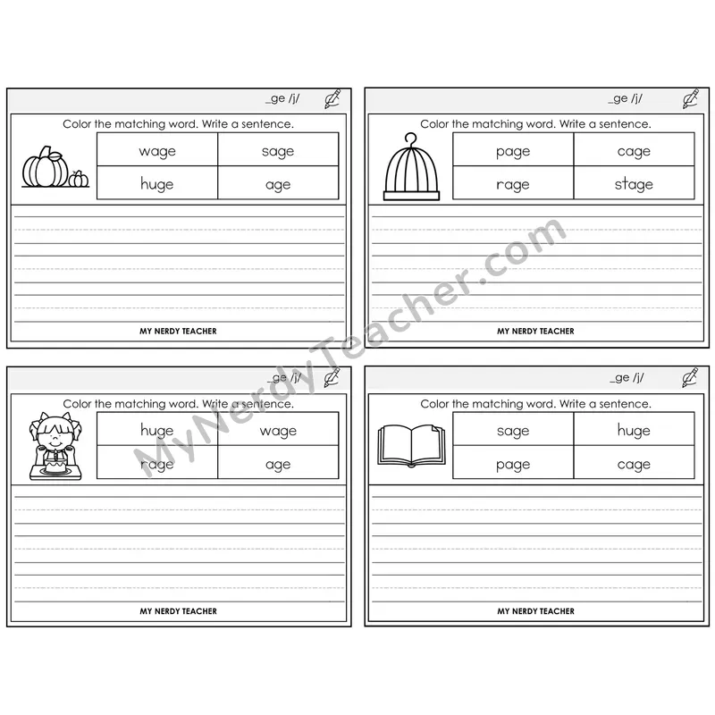 Soft G (_ge) Color and Write a Sentence Task Cards — Decodable Sentences