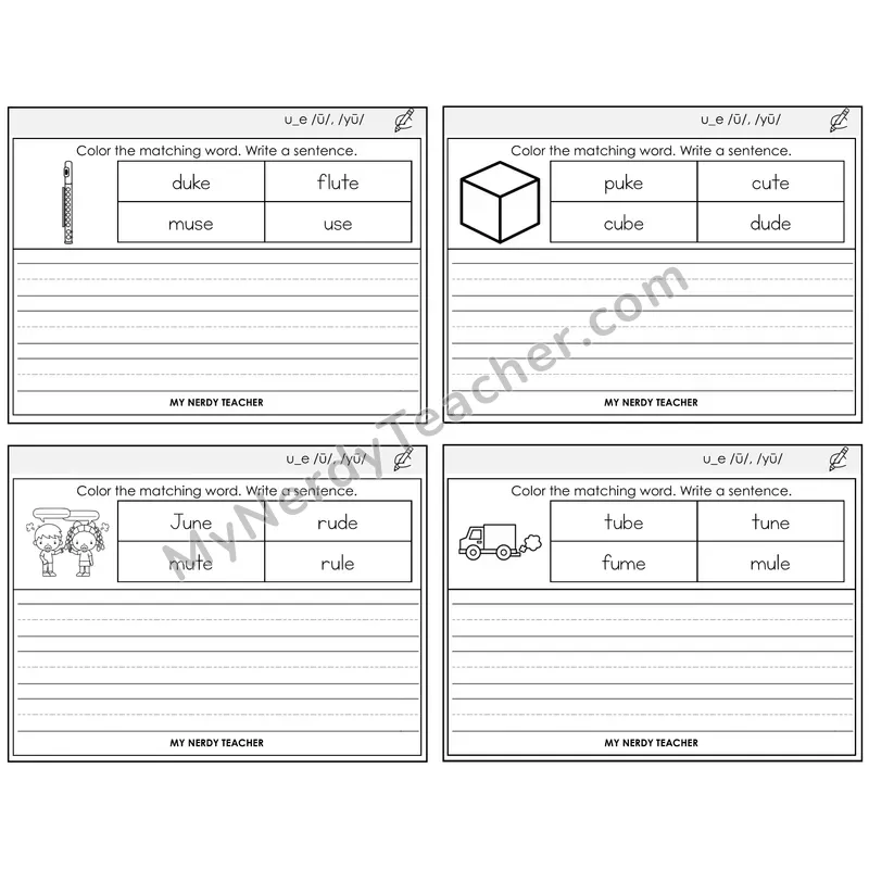 Long U VCe (u_e) Color and Write a Sentence Task Cards — Decodable Sentences