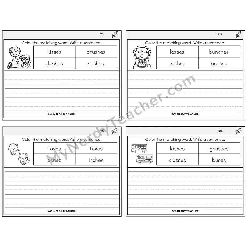Suffix -es (Inflectional) Color and Write a Sentence Task Cards — Decodable Sentences