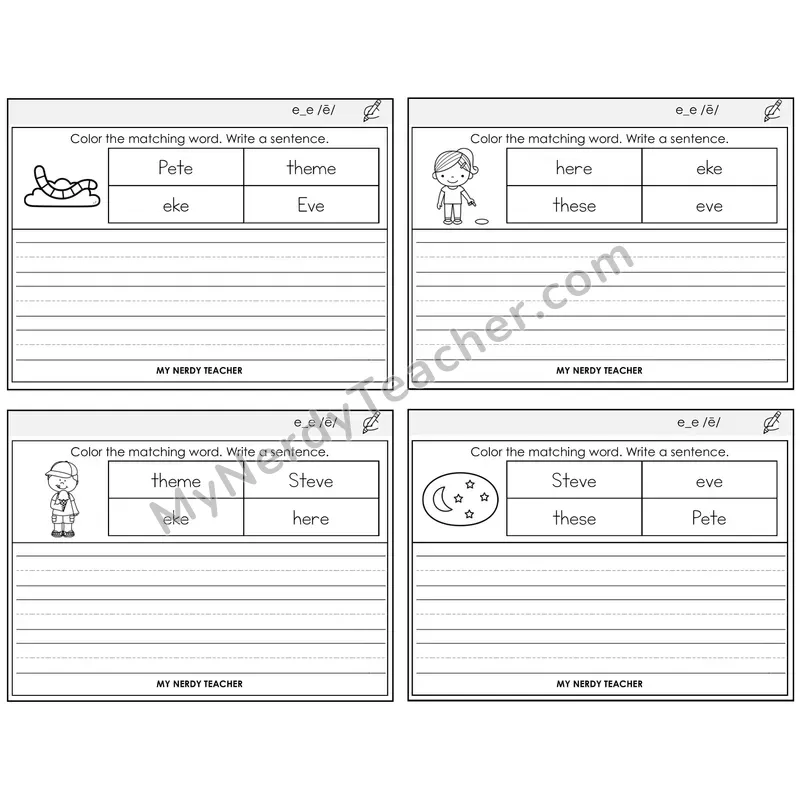 Long E VCe (e_e) Color and Write a Sentence Task Cards — Decodable Sentences