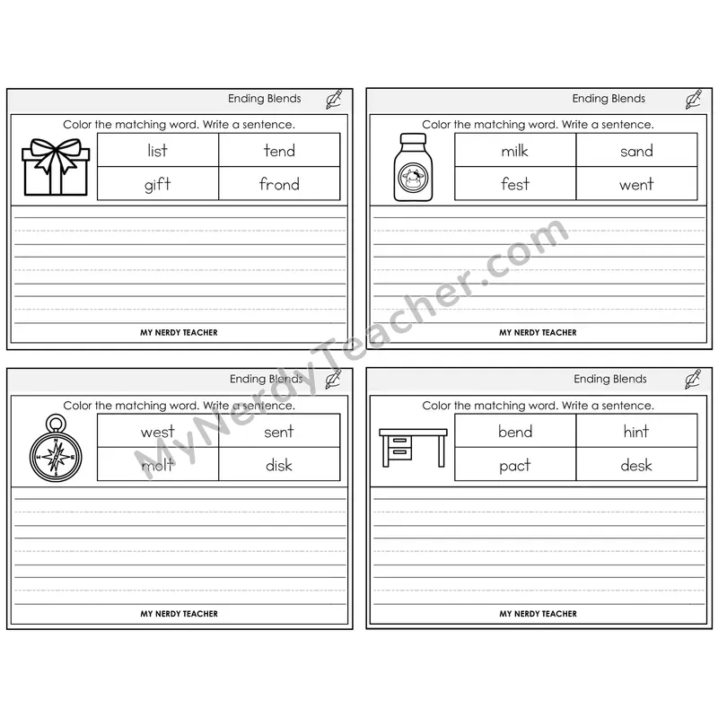 Ending Blends Color and Write a Sentence Task Cards — Decodable Sentences