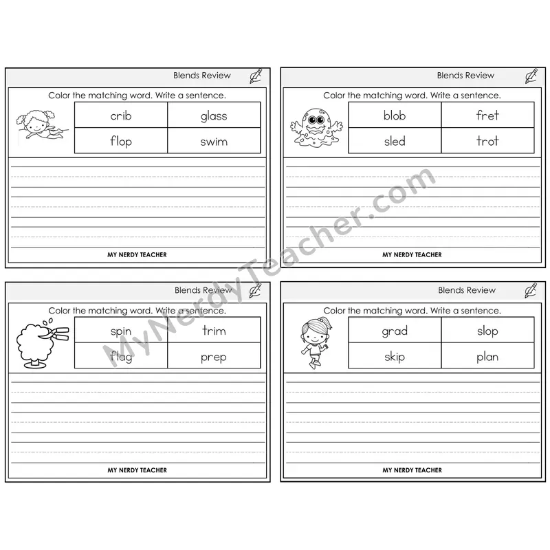 Blends Review Color and Write a Sentence Task Cards — Decodable Sentences