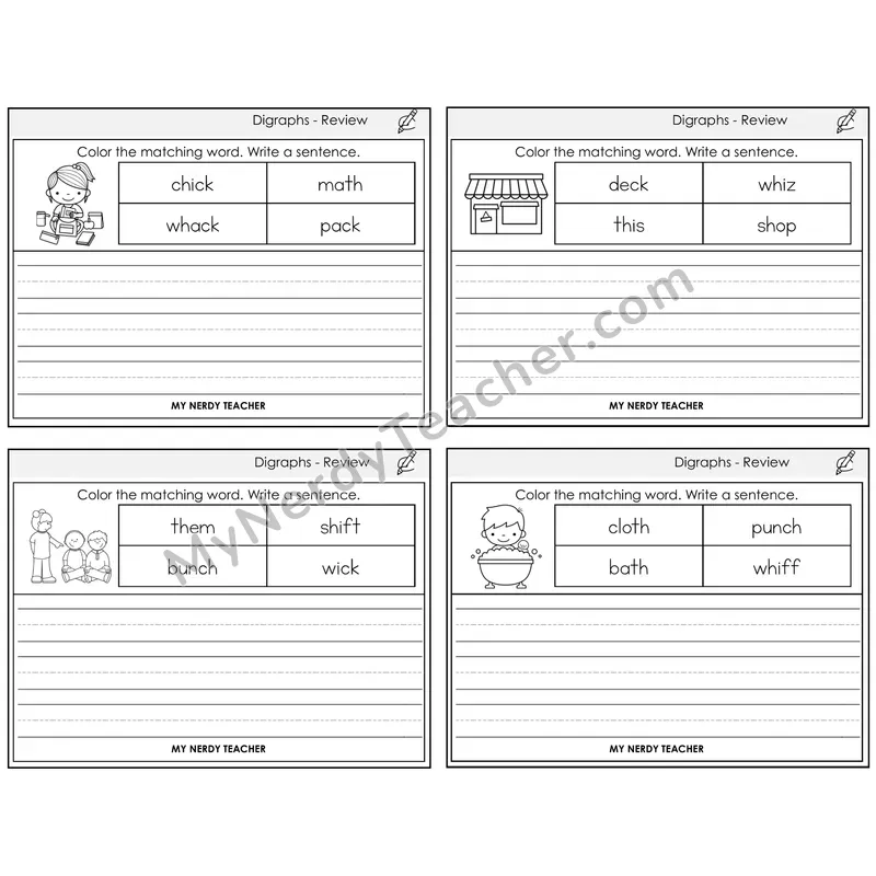 Digraphs Review Color and Write a Sentence Task Cards — Decodable Sentences