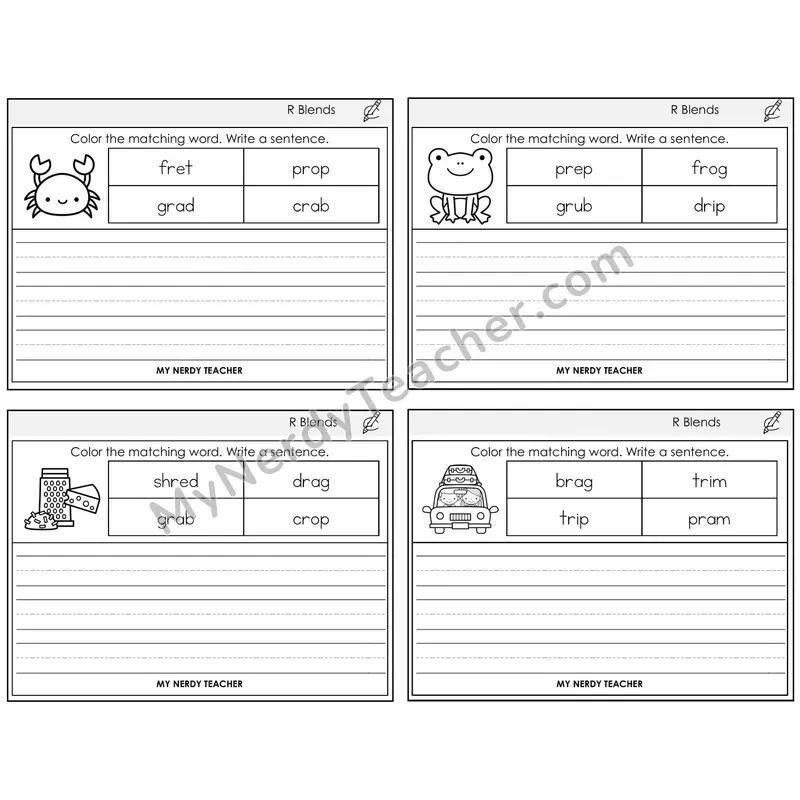 R Blends Color and Write a Sentence Task Cards — Decodable Sentences