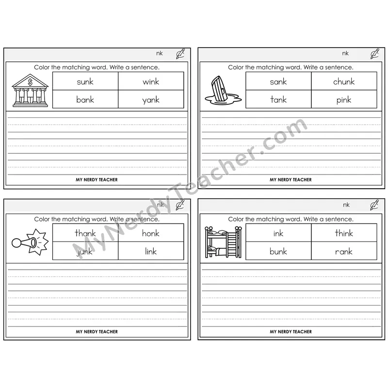 NK Digraph Color and Write a Sentence Task Cards — Decodable Sentences