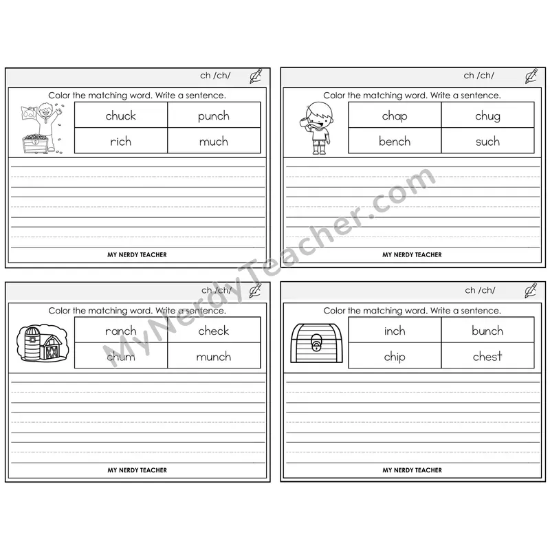 CH Digraph Color and Write a Sentence Task Cards — Decodable Sentences