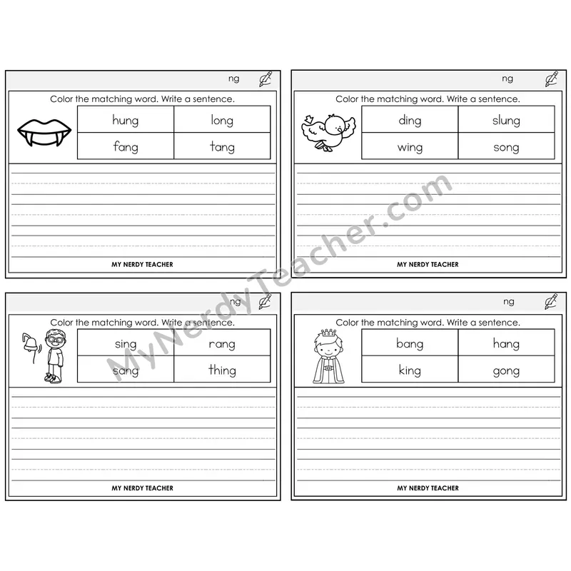 NG Digraph Color and Write a Sentence Task Cards — Decodable Sentences