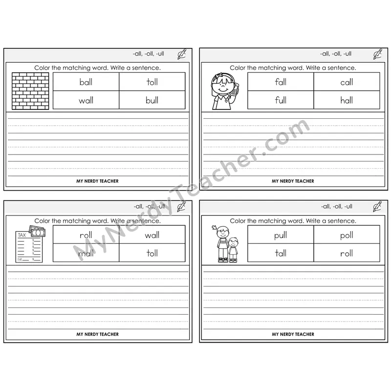 All, Oll, Ull Color and Write a Sentence Task Cards — Decodable Sentences
