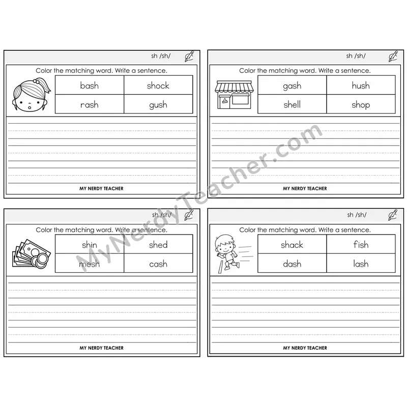 SH Digraph Color and Write a Sentence Task Cards — Decodable Sentences