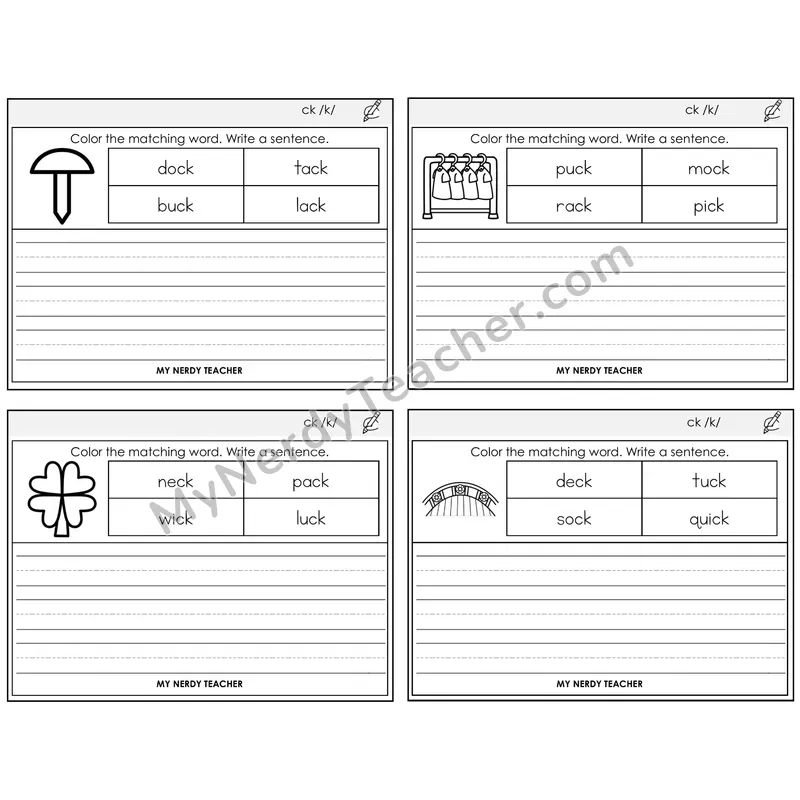 CK Digraph Color and Write a Sentence Task Cards — Decodable Sentences