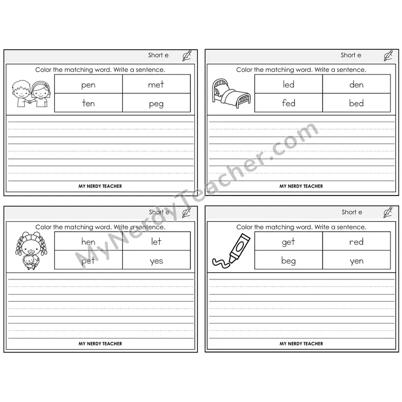 Short E Color and Write a Sentence Task Cards — Decodable Sentences
