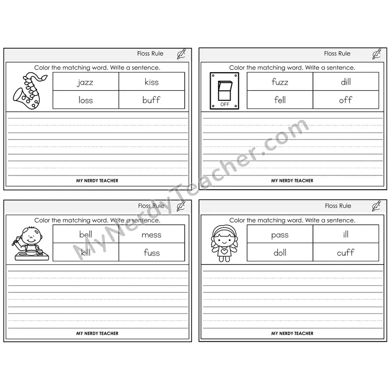 Floss Rule (ff, ll, ss, zz) Color and Write a Sentence Task Cards — Decodable Sentences