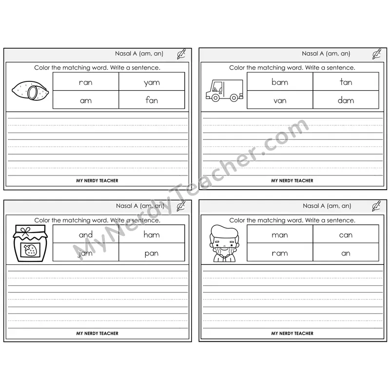 Nasalized A (am, an) Color and Write a Sentence Task Cards — Decodable Sentences