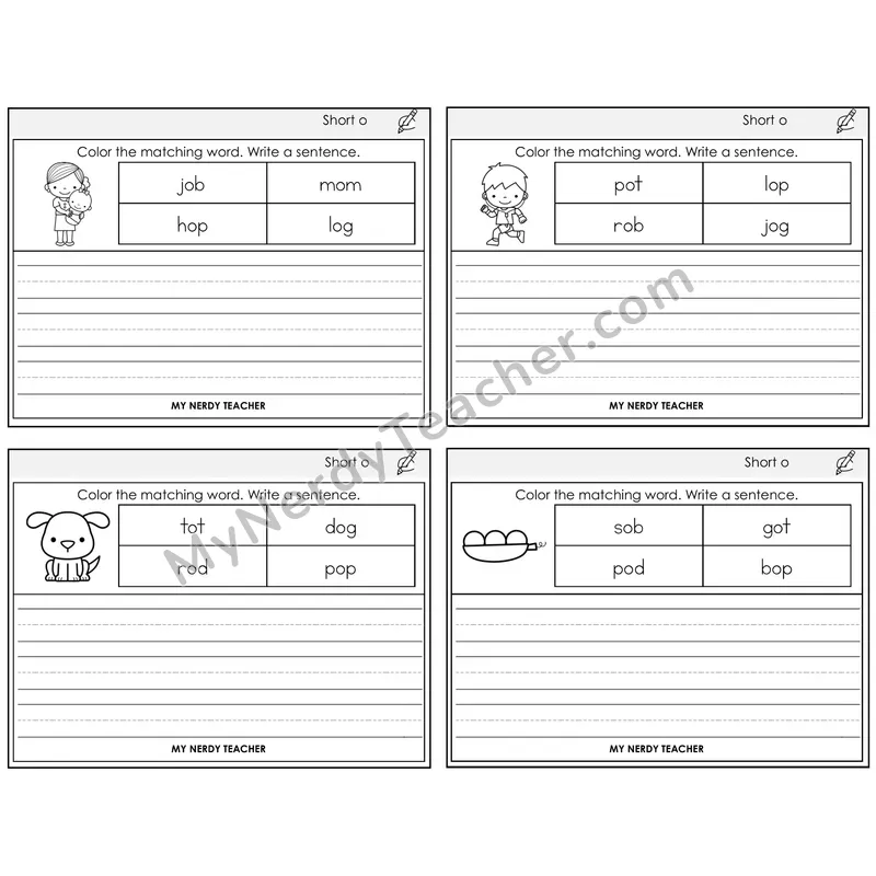 Short O Color and Write a Sentence Task Cards — Decodable Sentences