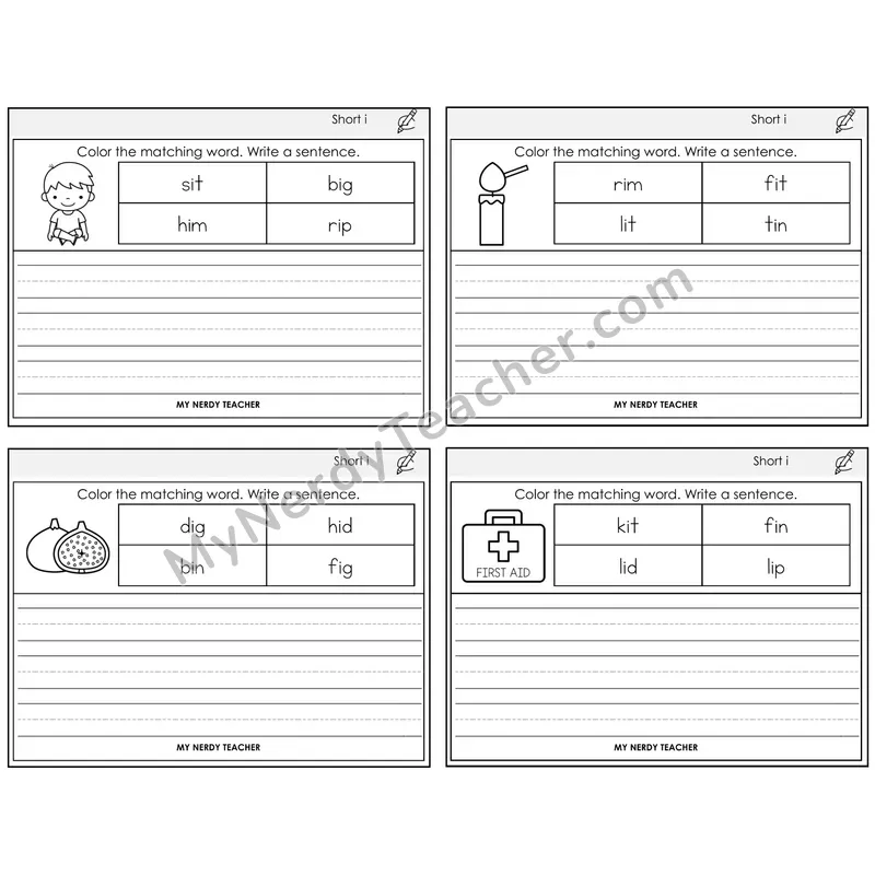Short I Color and Write a Sentence Task Cards — Decodable Sentences