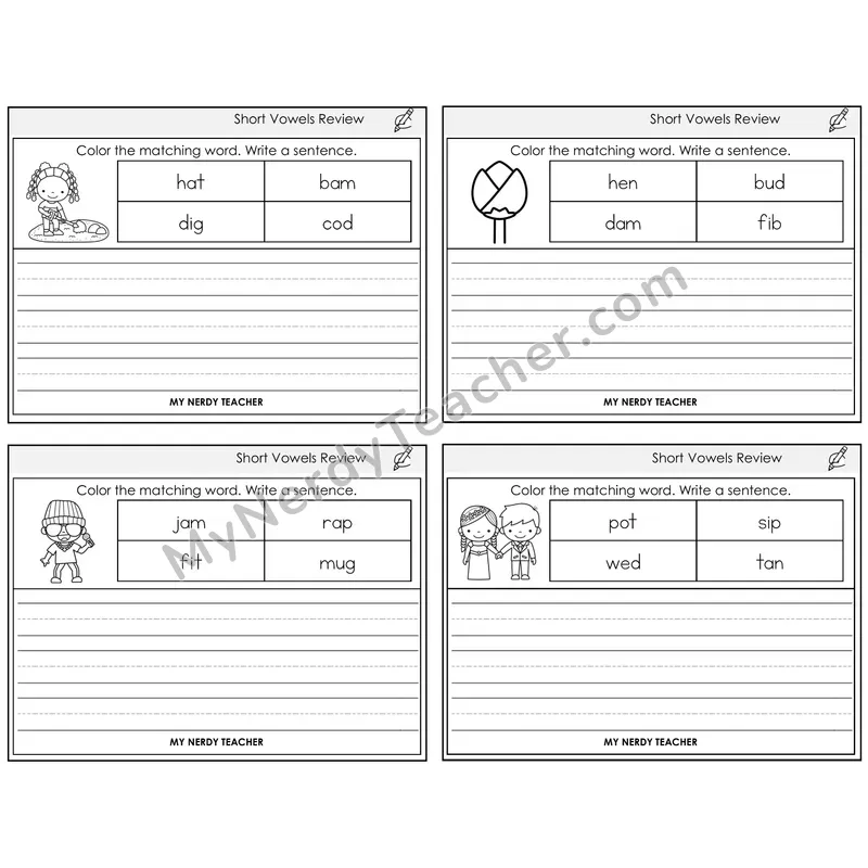 Short Vowels Review Color and Write a Sentence Task Cards — Decodable Sentences