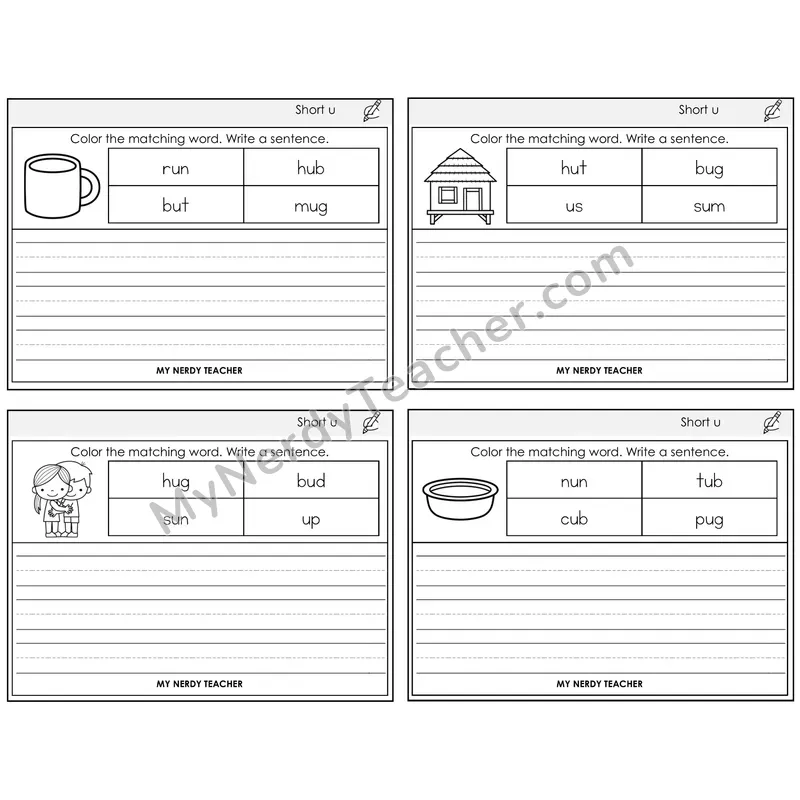 Short U Color and Write a Sentence Task Cards — Decodable Sentences