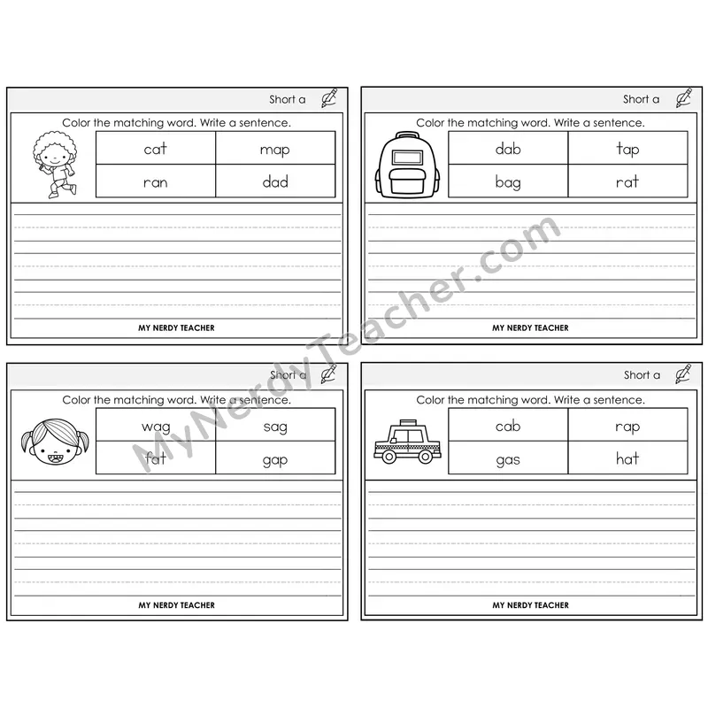 Short A Color and Write a Sentence Task Cards — Decodable Sentences