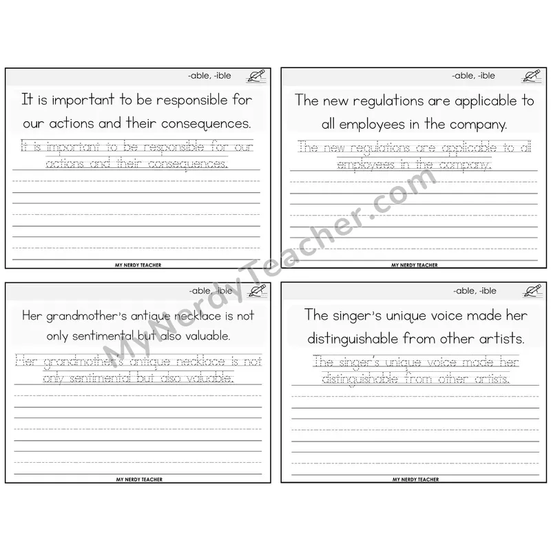 Suffixes -able and -ible Read It Trace It Write It Task Cards — Decodable Sentences
