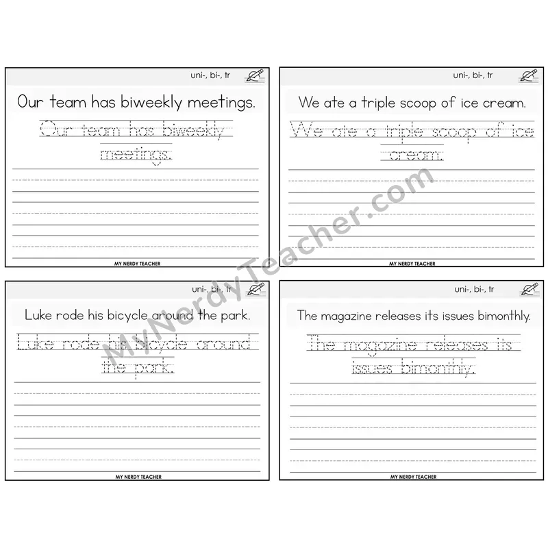 Prefixes uni-, bi-, tri- Read It Trace It Write It Task Cards — Decodable Sentences