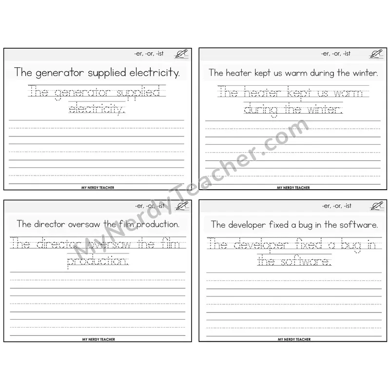 Suffixes -er, -or, -ist Read It Trace It Write It Task Cards — Decodable Sentences