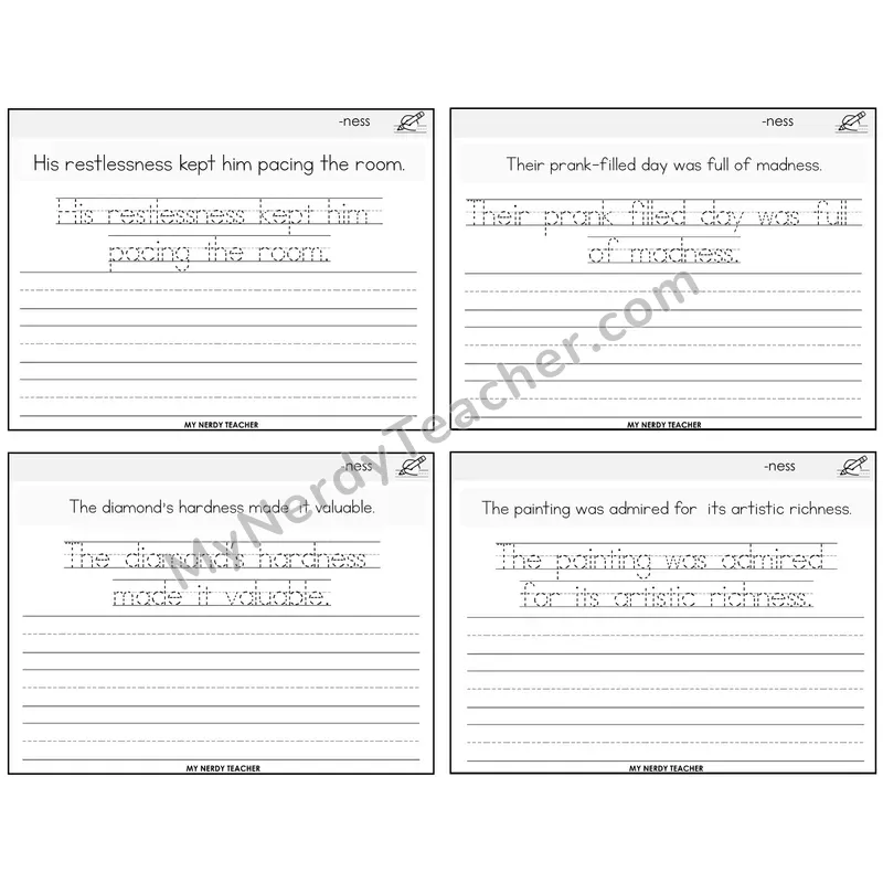 Suffix -ness Read It Trace It Write It Task Cards — Decodable Sentences