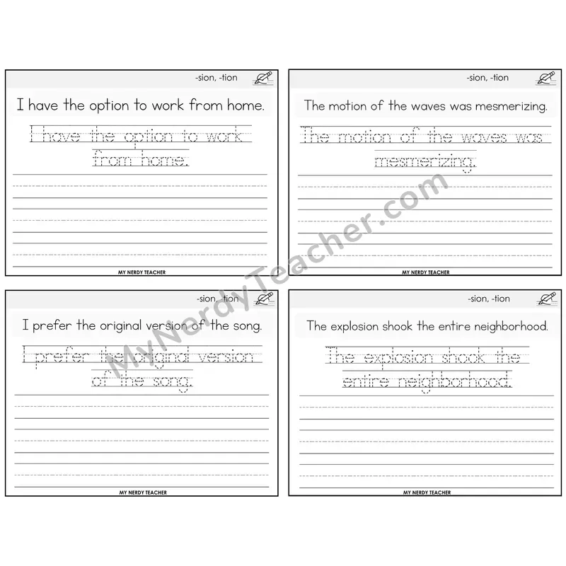 Suffixes -sion and -tion Read It Trace It Write It Task Cards — Decodable Sentences