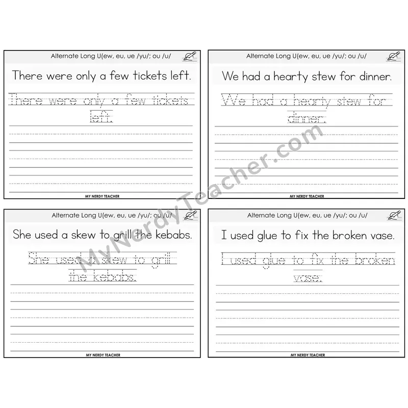 Alternate Long U Spellings Read It Trace It Write It Task Cards — Decodable Sentences