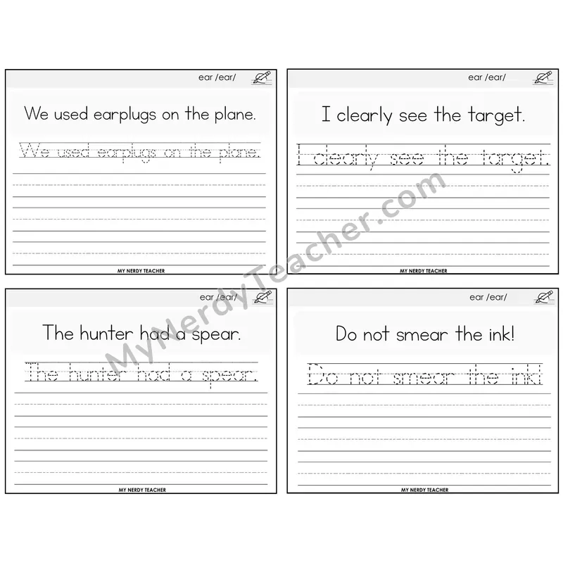 ear (/ear/) Read It Trace It Write It Task Cards — Decodable Sentences