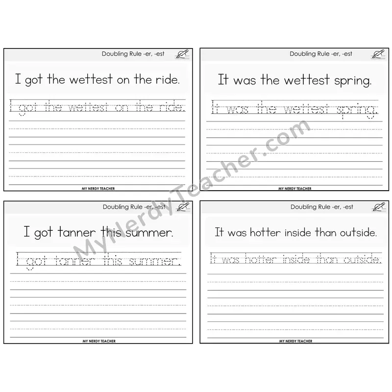 Doubling Rule -er, -est Read It Trace It Write It Task Cards — Decodable Sentences