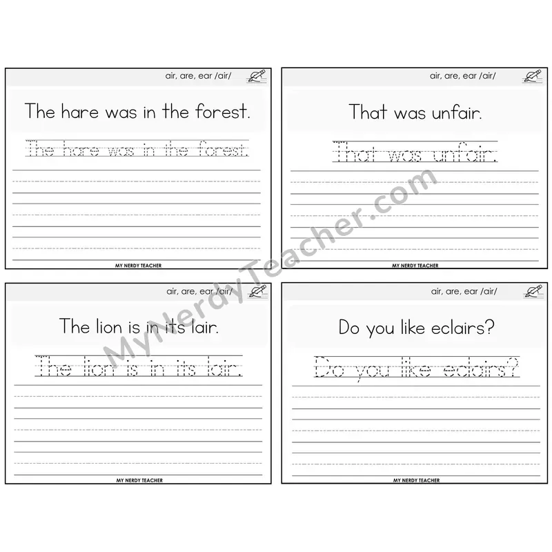 air, are, ear (/air/) Read It Trace It Write It Task Cards — Decodable Sentences