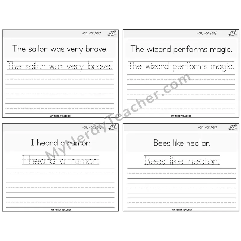 -ar and -or (/er/) Read It Trace It Write It Task Cards — Decodable Sentences