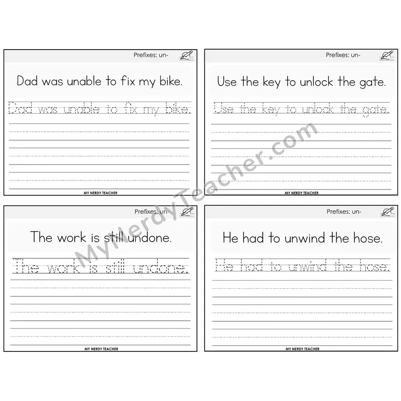 Prefix un- Read It Trace It Write It Task Cards — Decodable Sentences