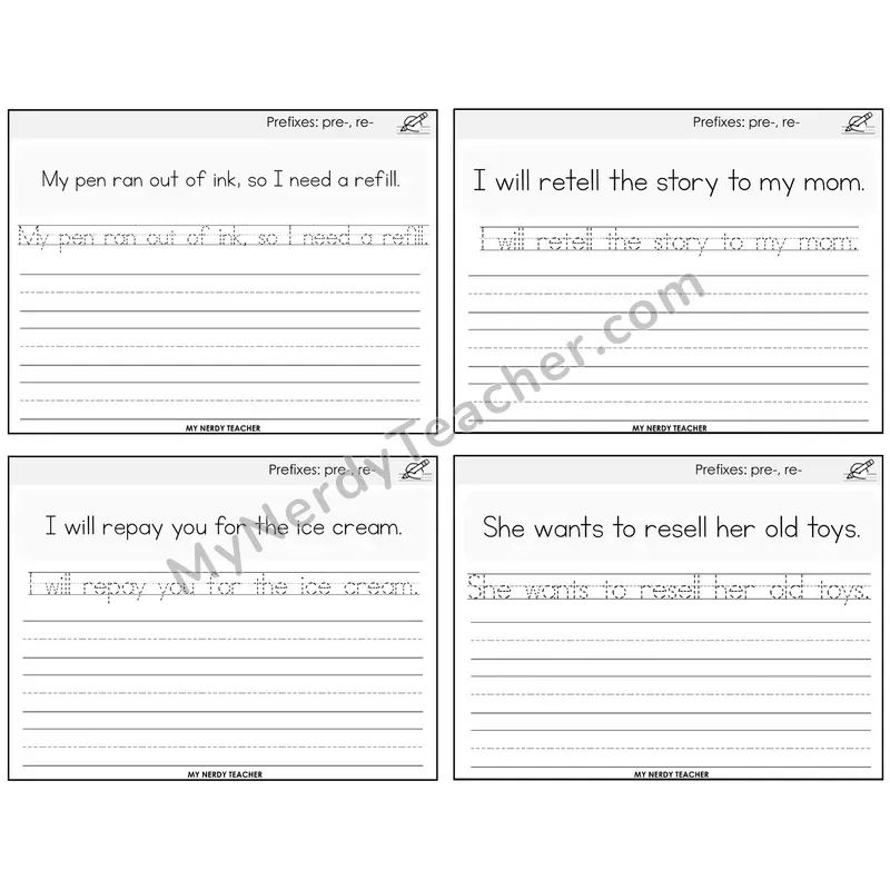 Prefixes pre- and re- Read It Trace It Write It Task Cards — Decodable Sentences