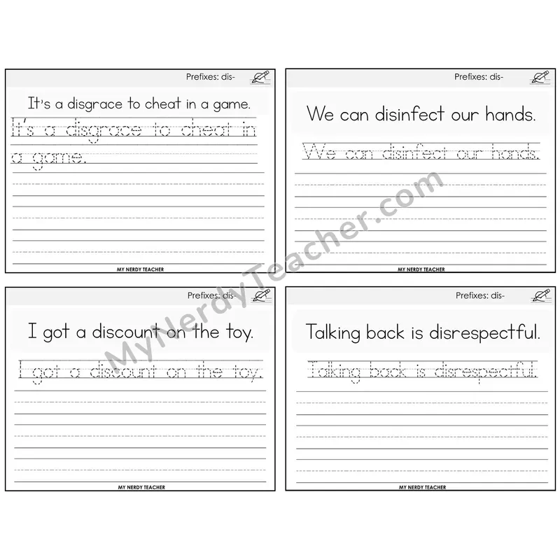Prefix dis- Read It Trace It Write It Task Cards — Decodable Sentences