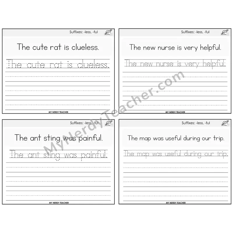 Suffixes -less and -ful Read It Trace It Write It Task Cards — Decodable Sentences