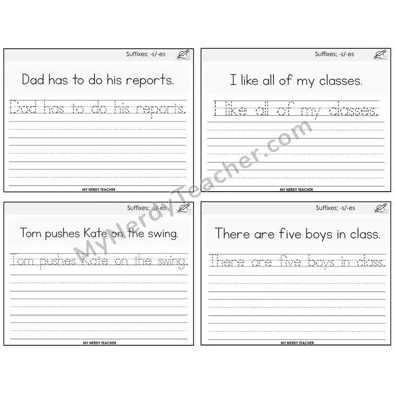 Suffixes -s and -es Read It Trace It Write It Task Cards — Decodable Sentences