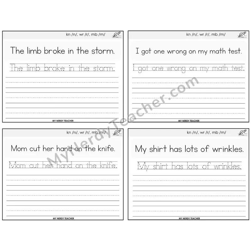 Silent Letters (kn, wr, mb) Read It Trace It Write It Task Cards — Decodable Sentences