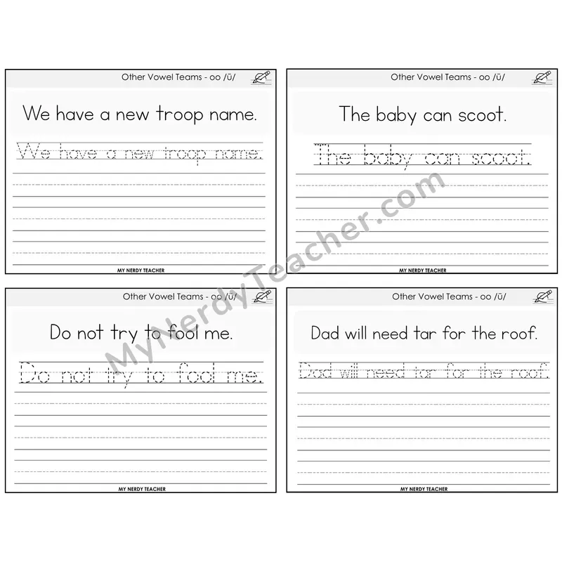 Long OO (/ū/) Read It Trace It Write It Task Cards — Decodable Sentences