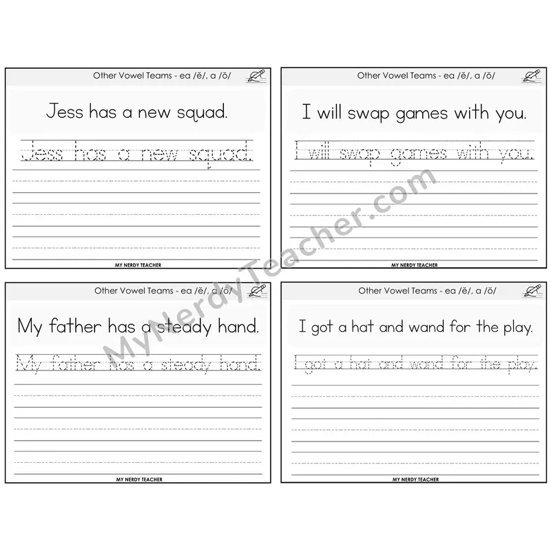 EA (short e) and A (short o) Read It Trace It Write It Task Cards — Decodable Sentences